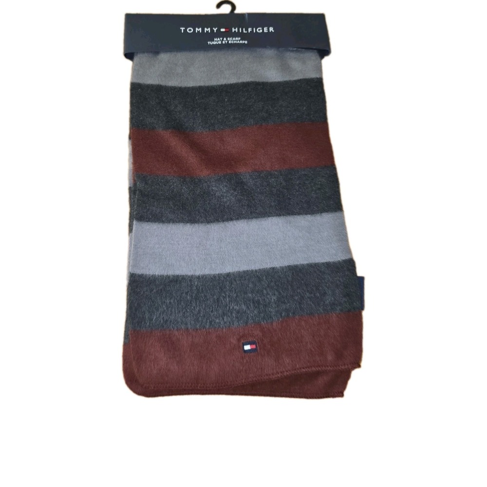 Tommy Hilfiger Men's Scarf‎  Grey Burgundy New Hat NOT Included $98 Retail